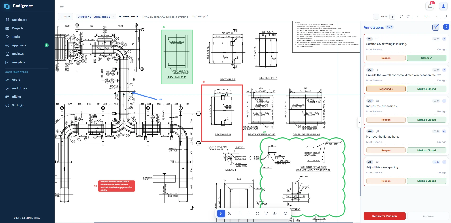 Cadigence in-browser drawing viewer with reviewer markups pinned on the drawing, an annotation list tagged must-resolve, and Return for Revision and Approve buttons