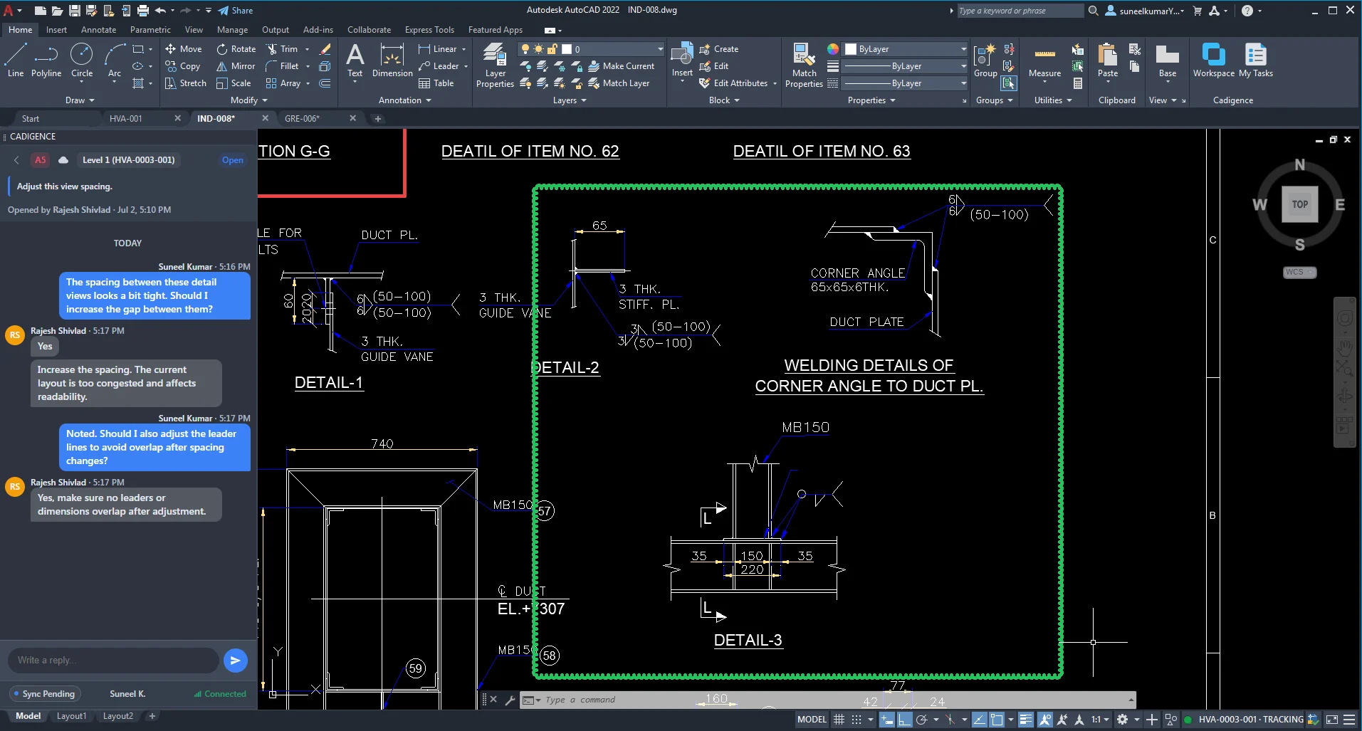 A designer in AutoCAD opening a reviewer's comment on their drawing, showing the comment description, its must-resolve severity, and the reply thread in the Cadigence panel