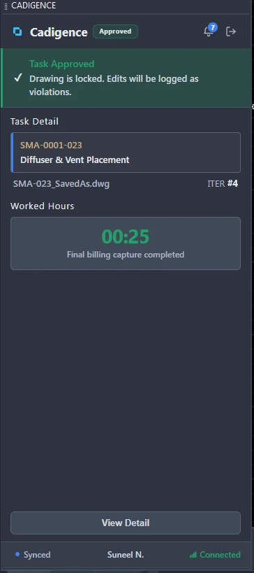 The Cadigence panel docked in AutoCAD showing a green Task Approved banner, the drawing locked, and the final worked hours captured for billing