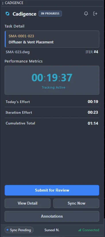 The Cadigence panel docked in AutoCAD showing a live effort timer with today's effort, iteration effort and cumulative total, and a Submit for Review button
